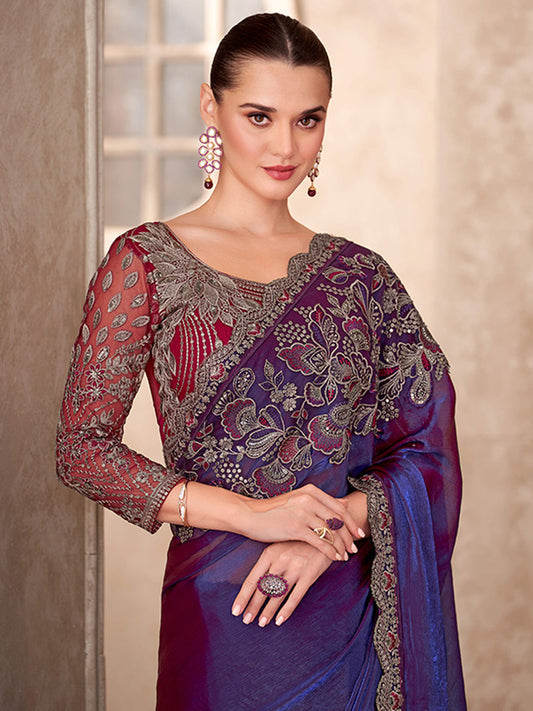 Majestic Shaded Chiffon With Linen Wokr wedding Saree in Purple color-41049