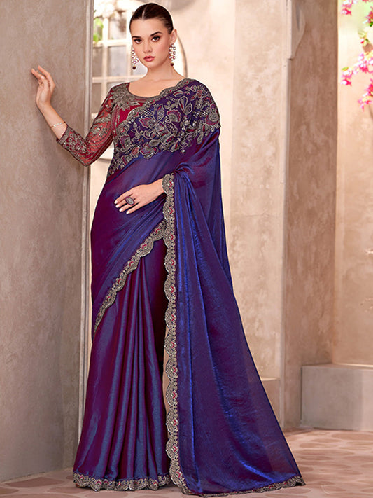 Majestic Shaded Chiffon With Linen Wokr wedding Saree in Purple color-41049