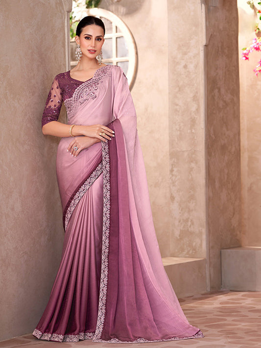 Sparkle shaded Chiffon With Sartin Work Wedding Saree in Purple color-41050
