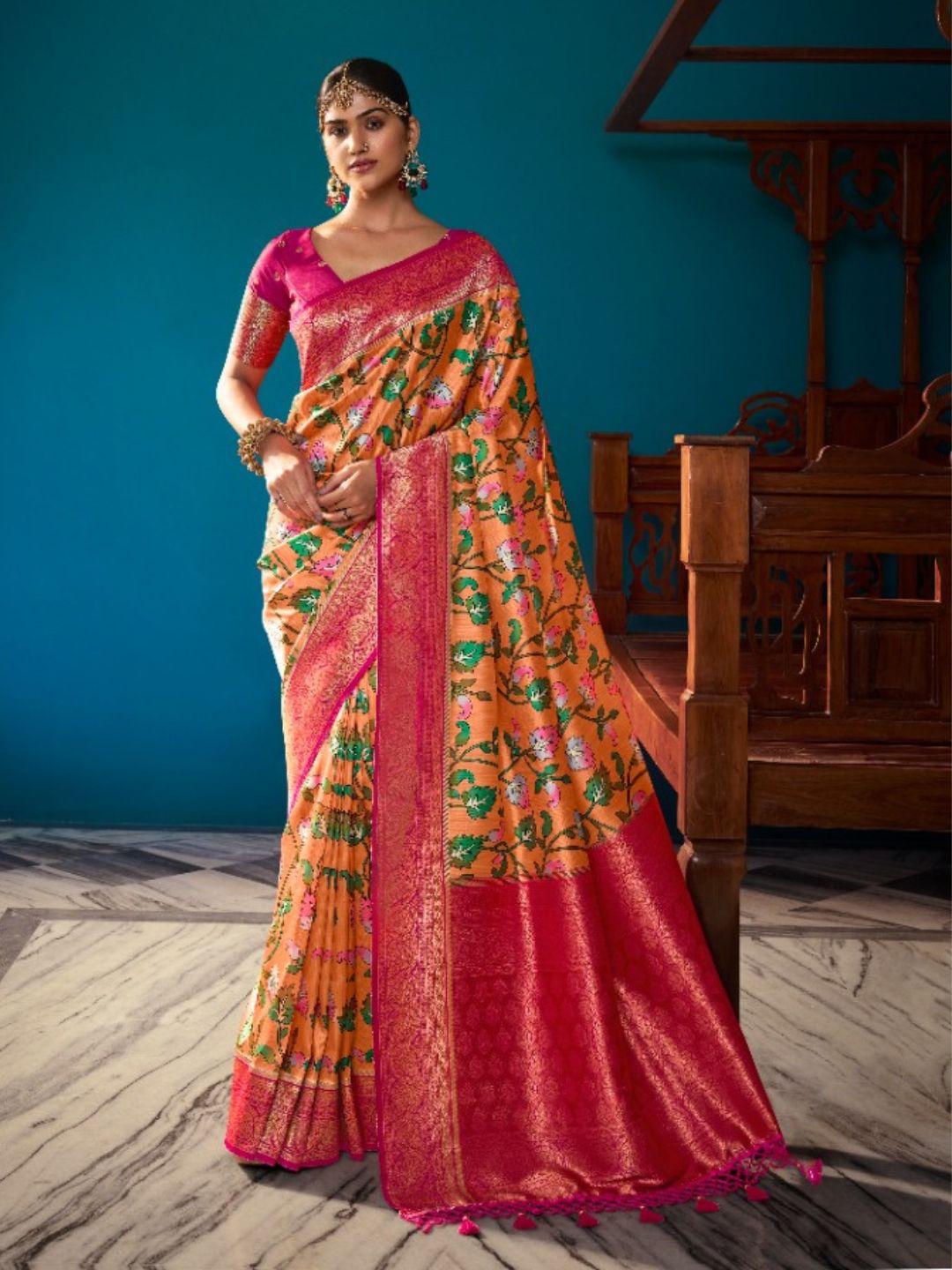 Digital Print Satin Silk Fastive Saree In Orange