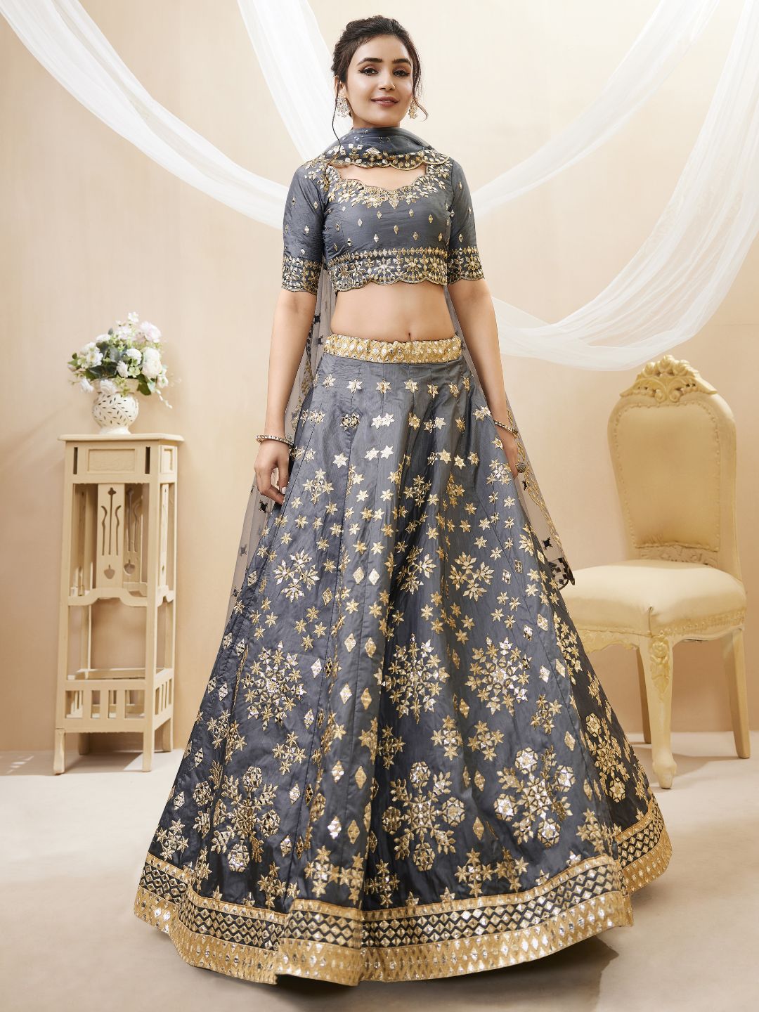 Georgette Bollywood Lehenga in Grey with Sequins Zari Embroidery Work