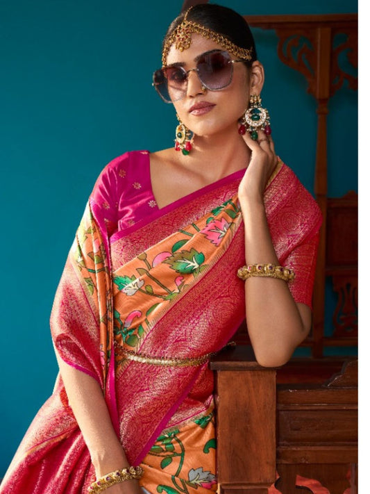 Digital Print Satin Silk Fastive Saree In Orange