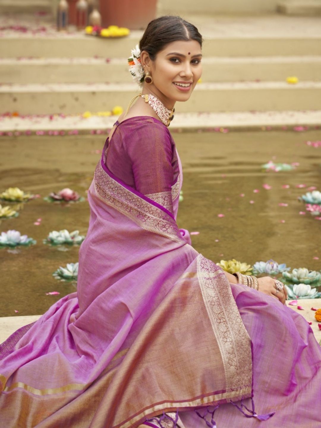 Weaving Tusser Silk Fastive Saree In Purple