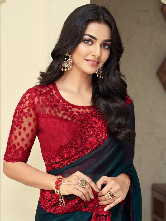 Embroidered Shimmer Silk Wedding Saree In Navy Blue