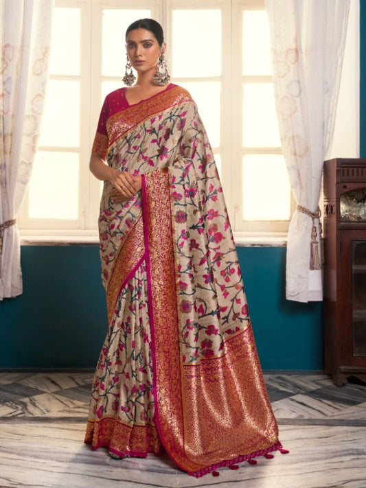 Digital Print Satin Silk Fastive Saree In Cream