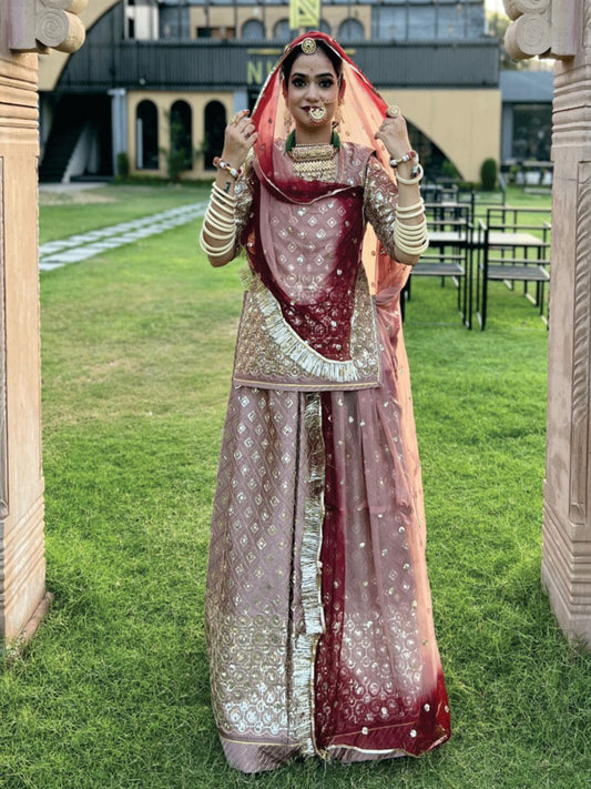 Double Saded Tara Codding Jall Satin Traditional Rajputi Poshak In Peach