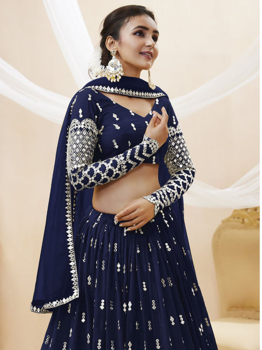 Embroidered Georgette Lehenga in Dark Blue
