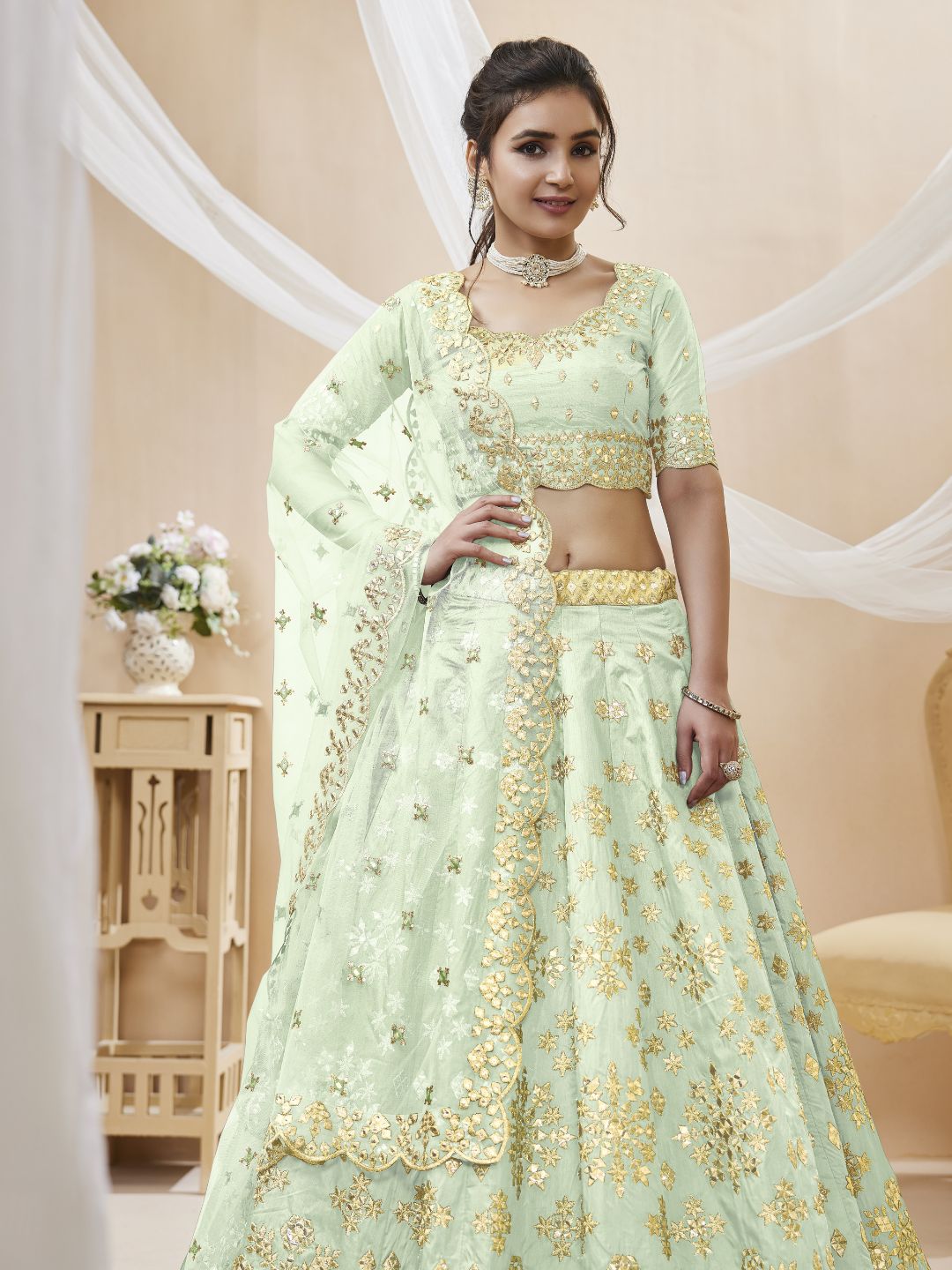 Georgette Bollywood Lehenga in Light Green with Sequins Zari Embroidery Work