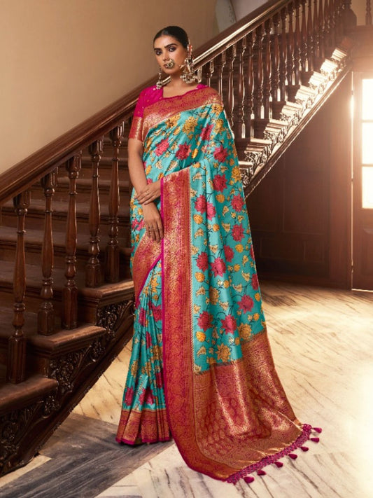 Digital Print Satin Silk Fastive Saree In Blue