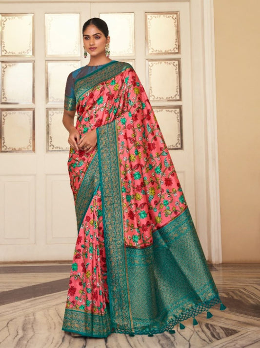 Digital Print Satin Silk Fastive Saree In Pink