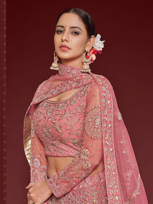 Net Wedding Lehenga in Pink with Zari work-90980