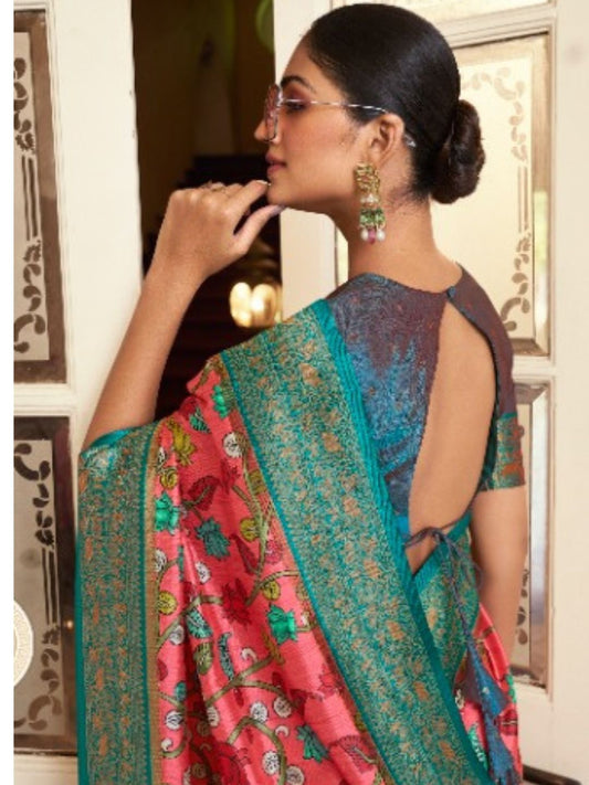 Digital Print Satin Silk Fastive Saree In Pink