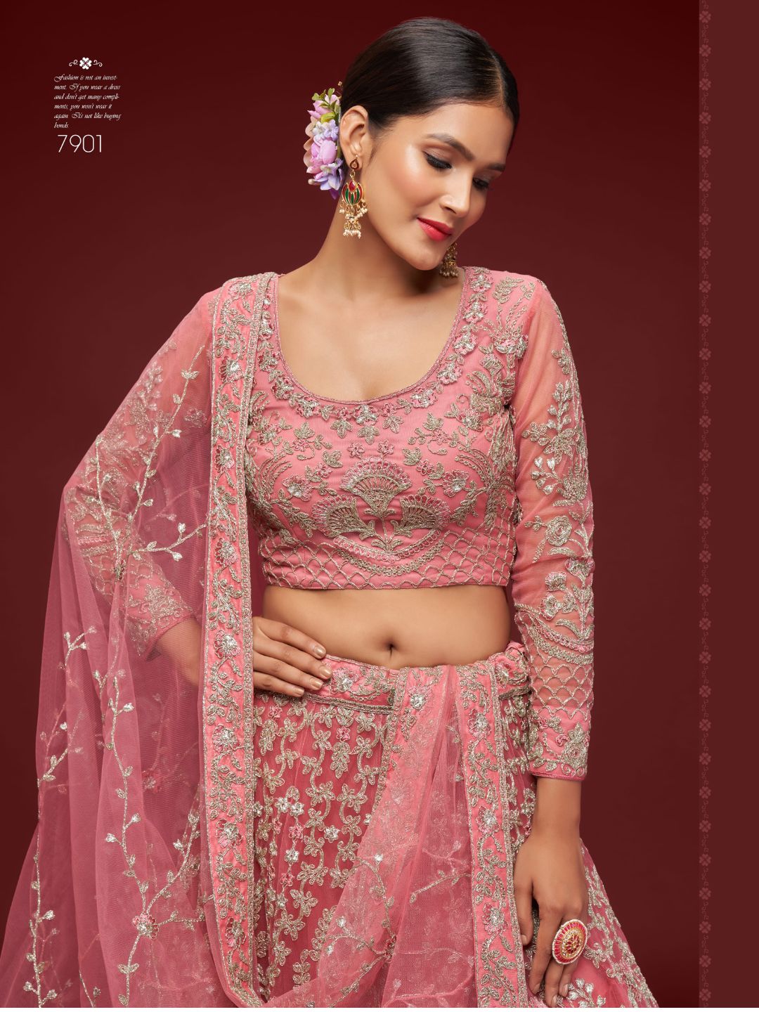 Net Wedding Lehenga in Pink and Magenta with Zari work