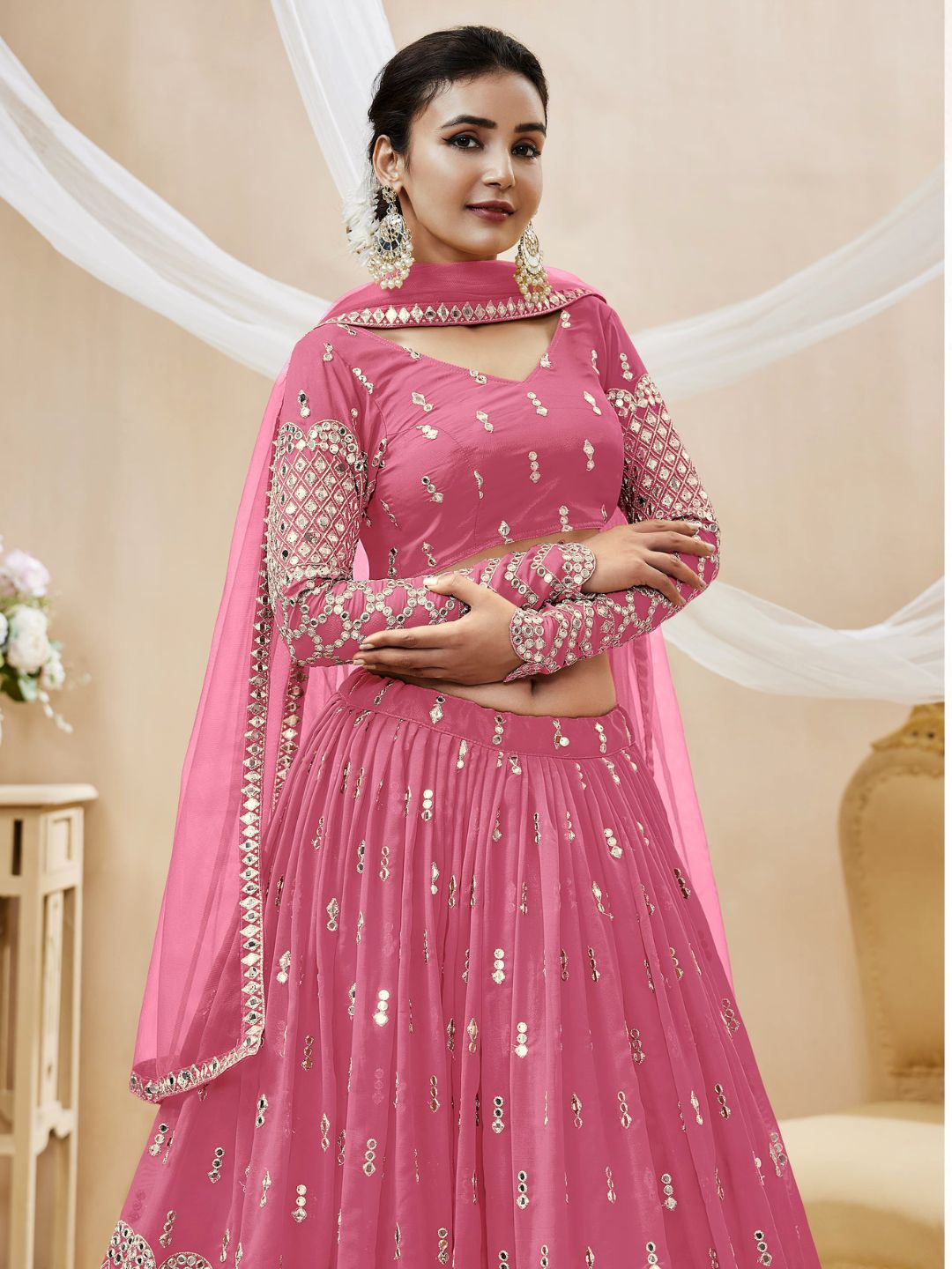 Embroidered Georgette Lehenga in Pink