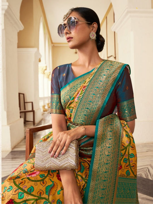 Digital Print Satin Silk Fastive Saree In Yellow