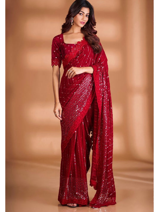 Sequins Georgette Fastive Saree In Maroon