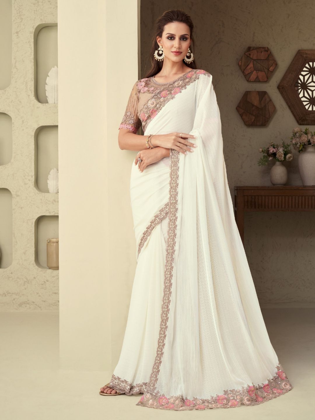 Embroidered Shimmer Silk Wedding Saree In Cream