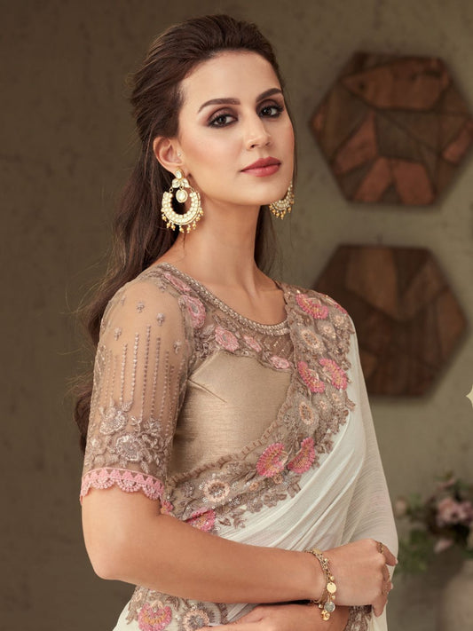 Embroidered Shimmer Silk Wedding Saree In Cream