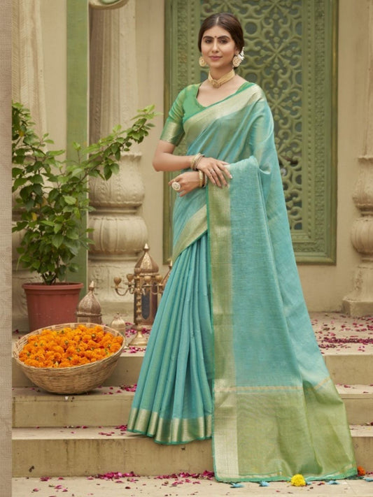Weaving Tusser Silk Fastive Saree In Blue