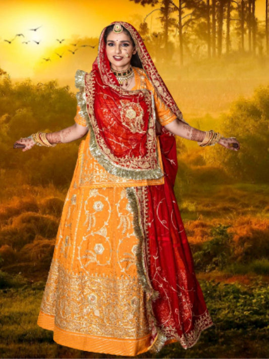 Jari with kundan Pure Upadda Silk Traditional semi Stitched Rajputi Poshak In Yellow