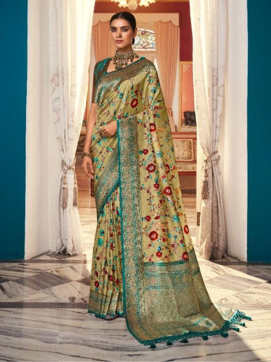 Digital Print Satin Silk Fastive Saree In Green