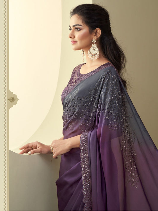 Embroidered Shimmer Silk Wedding Saree In Purple-80945