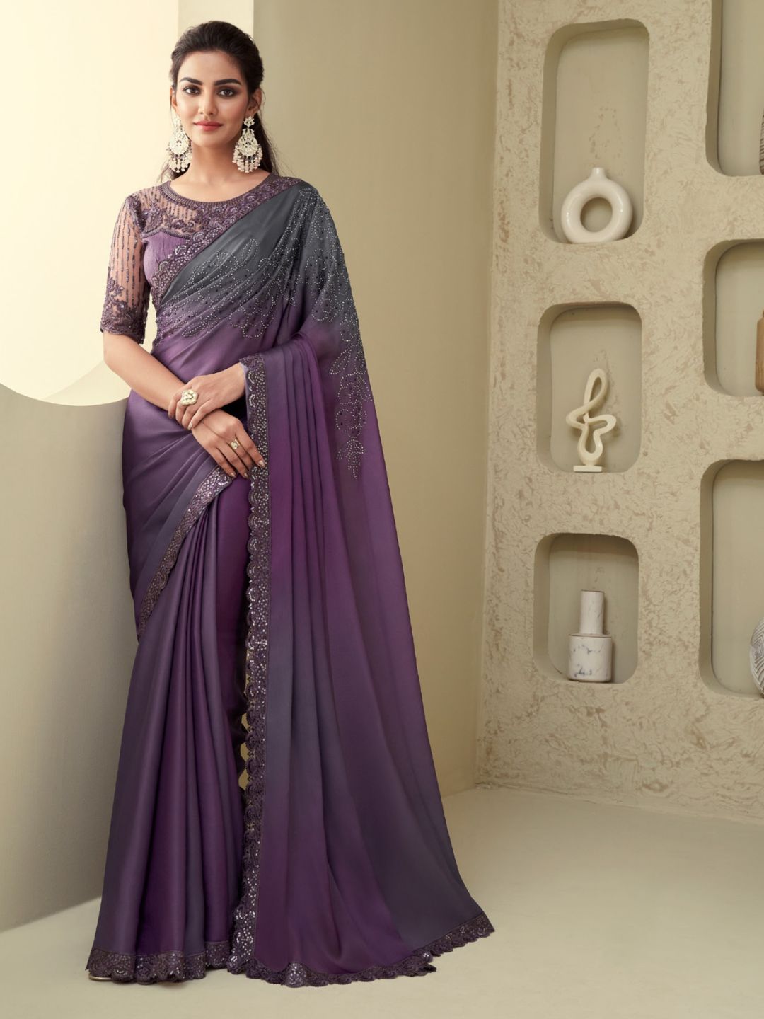 Embroidered Shimmer Silk Wedding Saree In Purple-80945