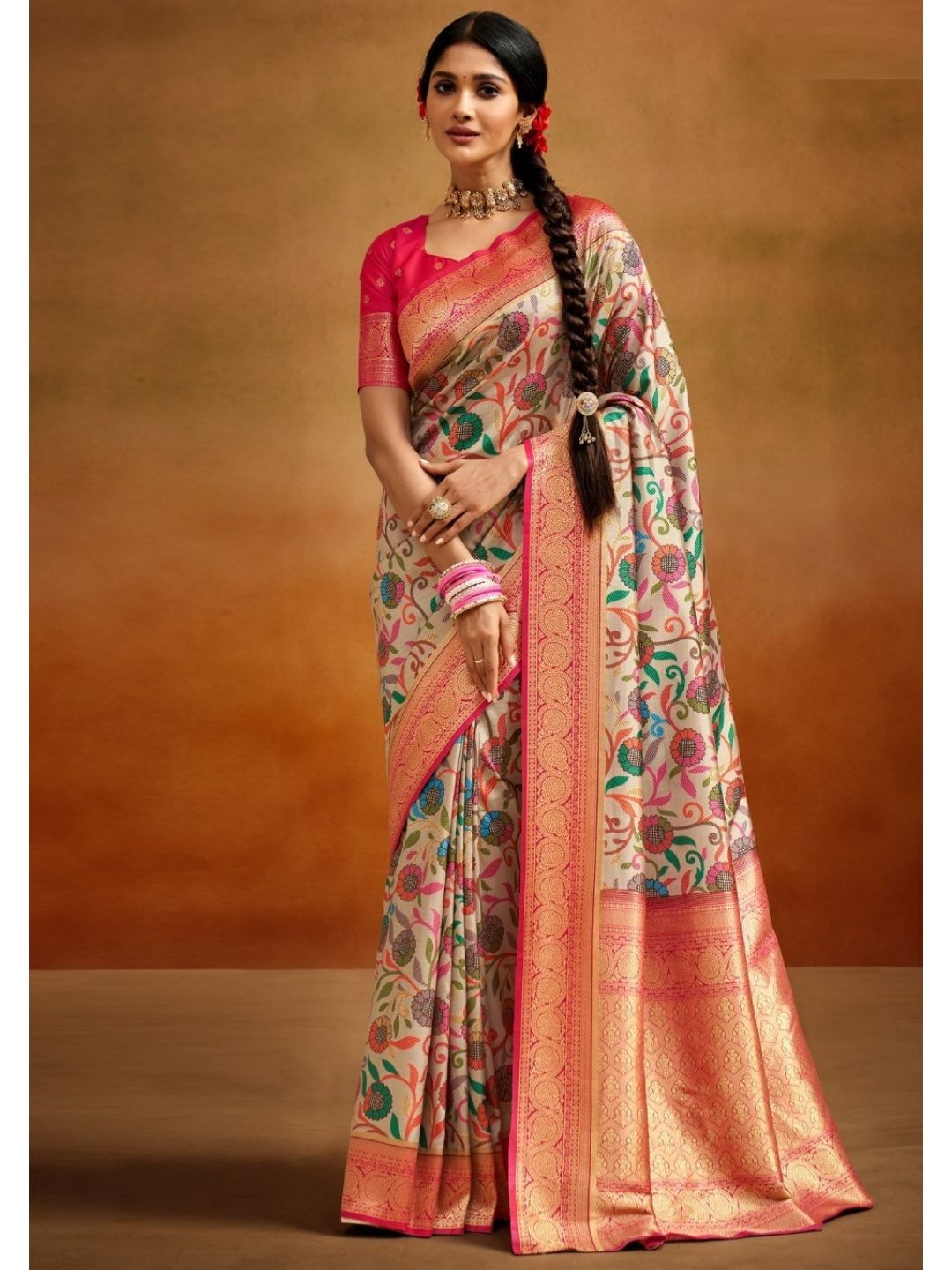Digital Print Kalamkari Banarasi Silk Fastive Saree In Beige
