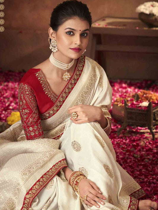Embroidered Pure Dola Traditional Saree In Cream
