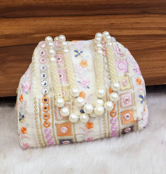 Designer Mulitcolor Embroidery Silk Handcrafted Potli in Cream color-81649