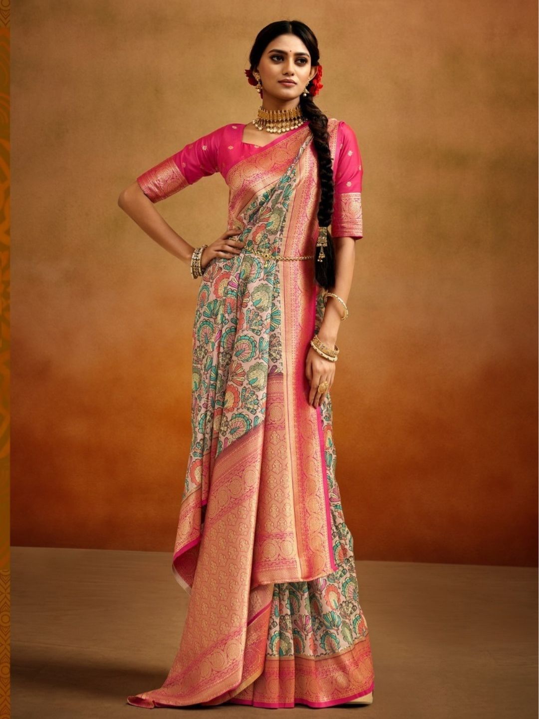 Digital Print Kalamkari Banarasi Silk Fastive Saree In Grey