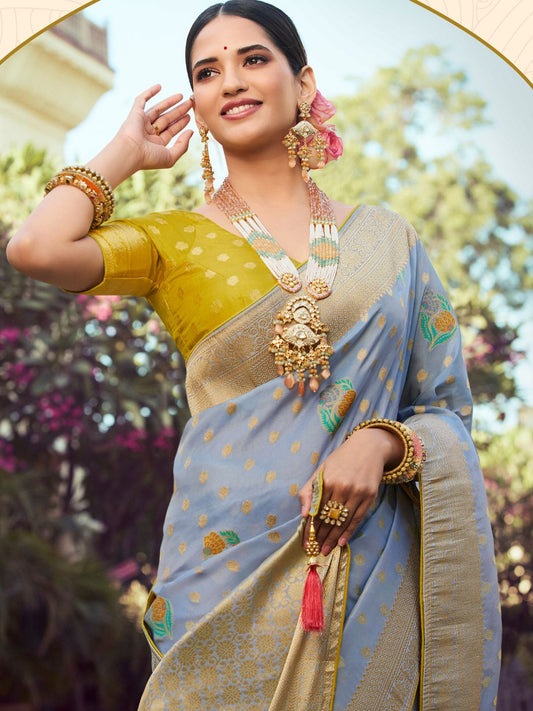 Embroidered Silk Traditional Saree In Grey