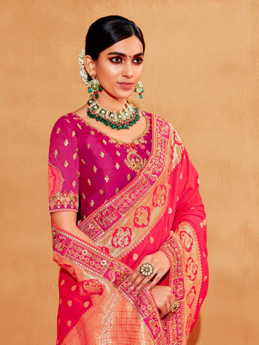 Embroidered Silk Designer Traditional Saree In Pink and Magenta
