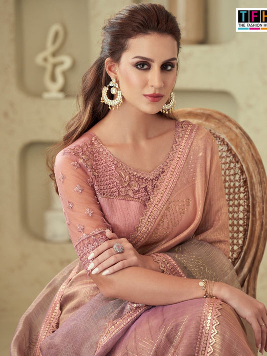 Embroidered Shimmer Silk Wedding Saree In Pink