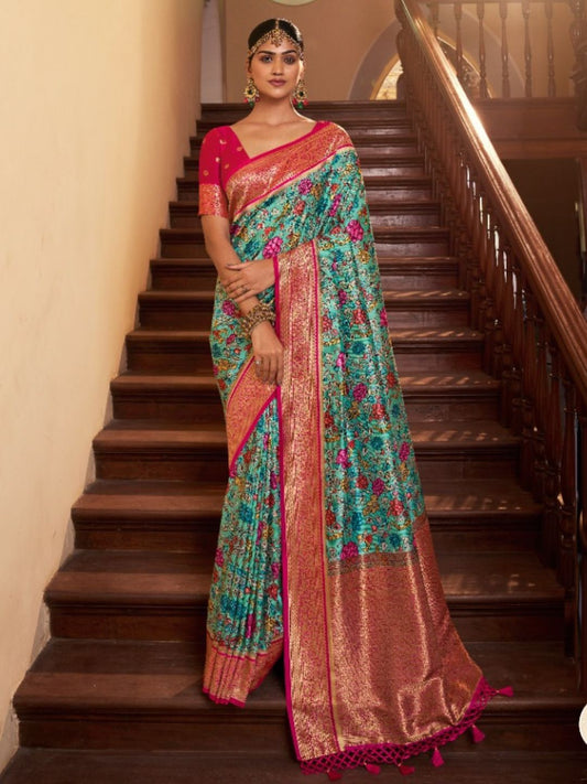 Digital Print Satin Silk Fastive Saree In Blue