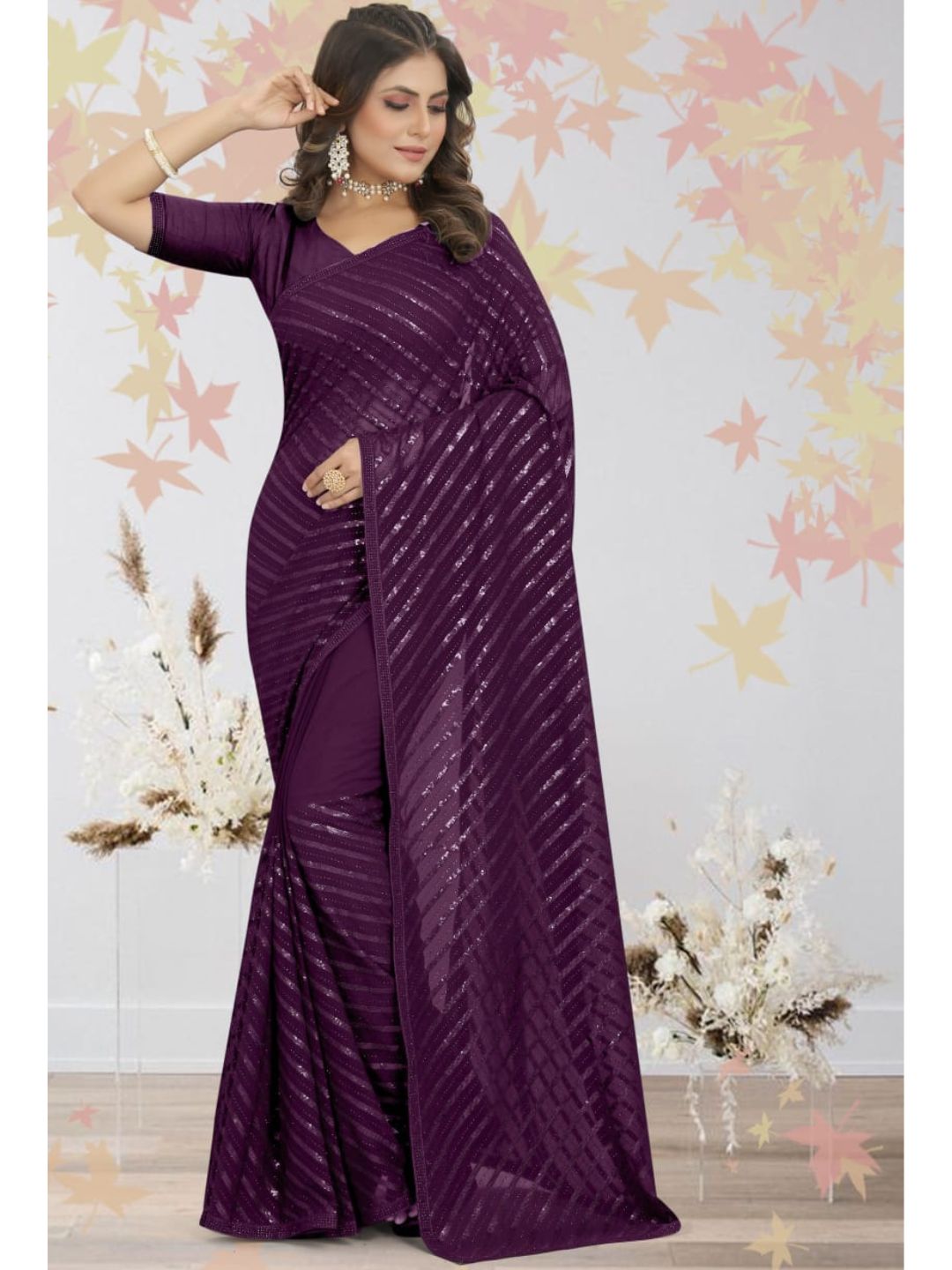 Sequins Georgette Partywear Saree In Purple
