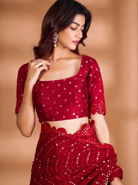 Sequins Georgette Fastive Saree In Maroon