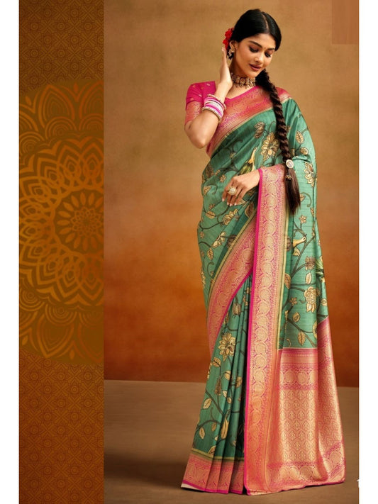 Digital Print Kalamkari Banarasi Silk Fastive Saree In Green