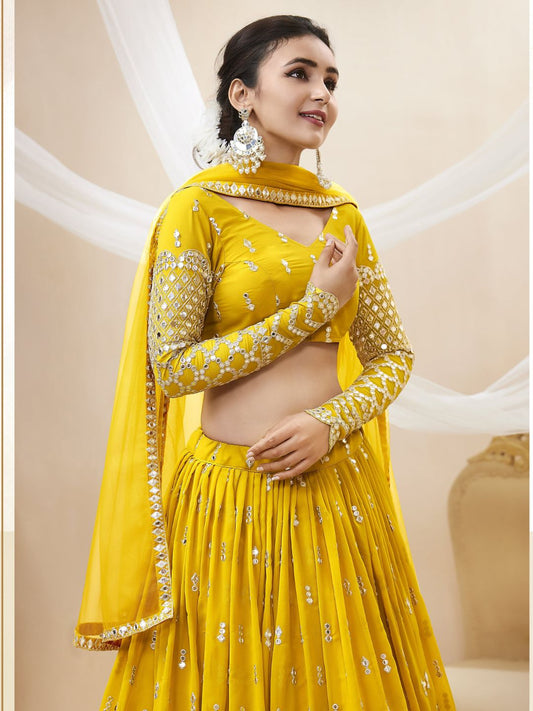 Embroidered Georgette Lehenga in Yellow