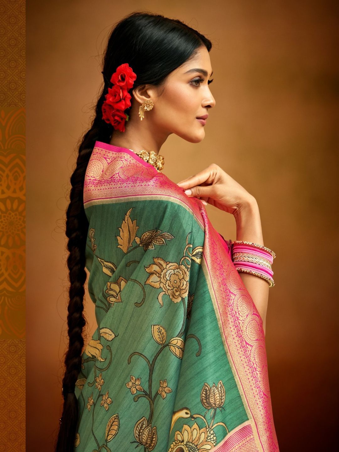 Digital Print Kalamkari Banarasi Silk Fastive Saree In Green