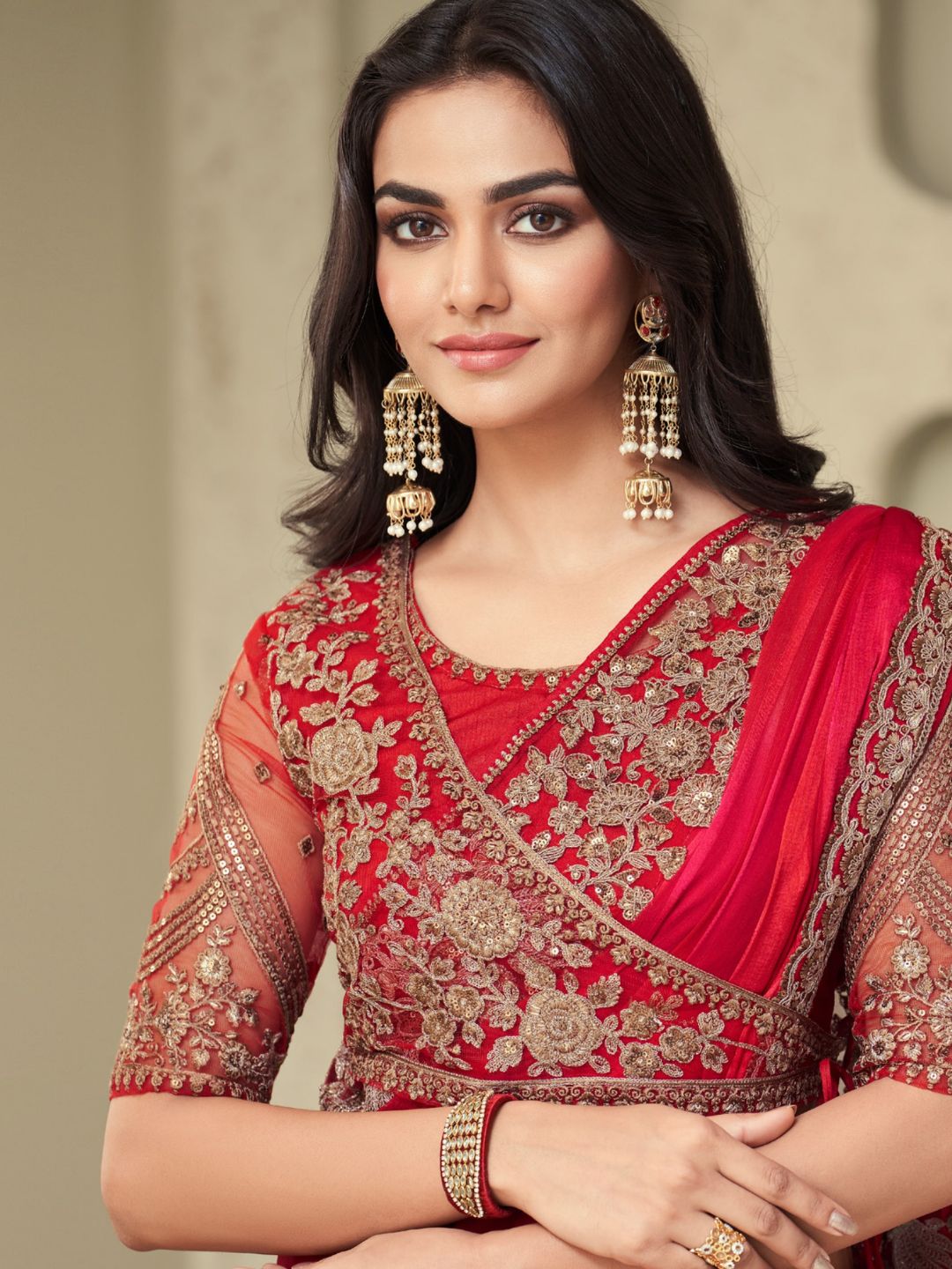 Embroidered Shimmer Silk Wedding Saree In Red