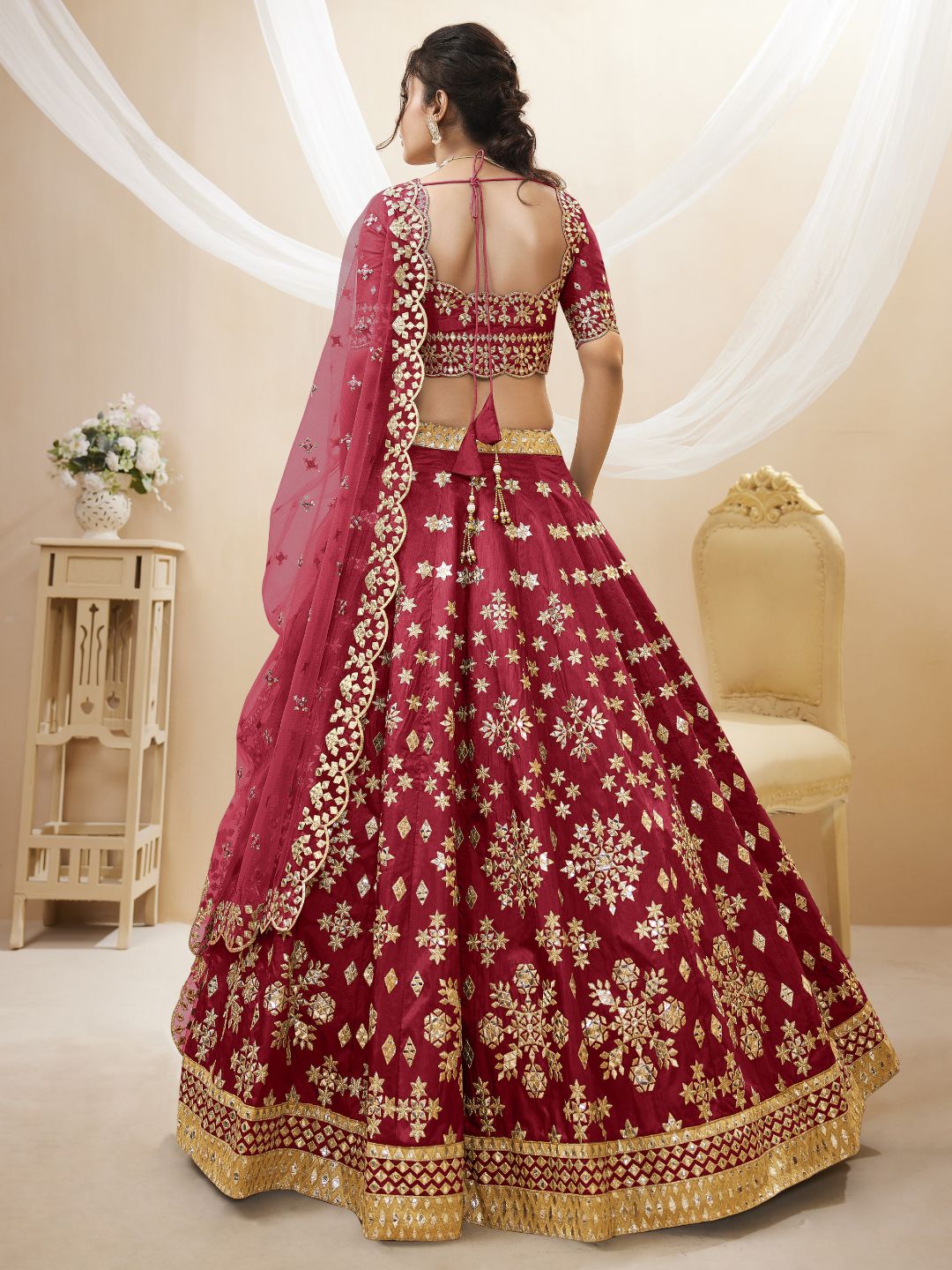 Georgette Bollywood Lehenga in Red and Maroon with Sequins Zari Embroidery Work