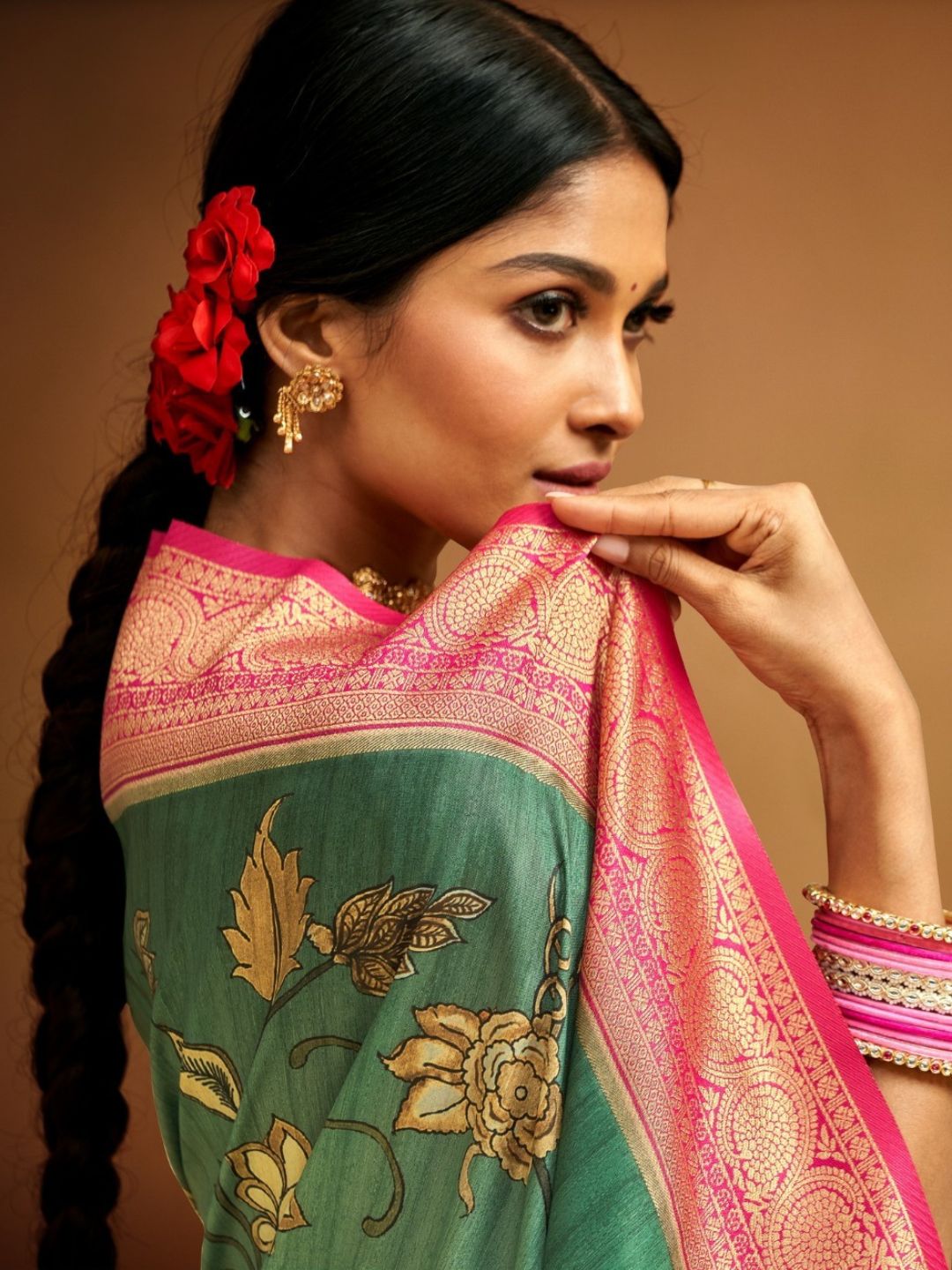 Digital Print Kalamkari Banarasi Silk Fastive Saree In Green