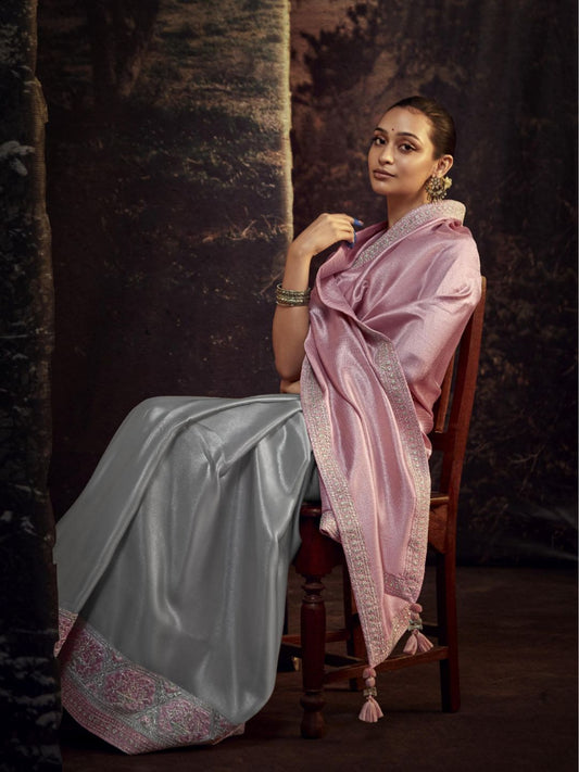 Embroidered Silk Soft Traditional Saree In Grey and Pink