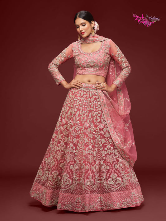 Net Wedding Lehenga in Pink and Magenta with Zari work
