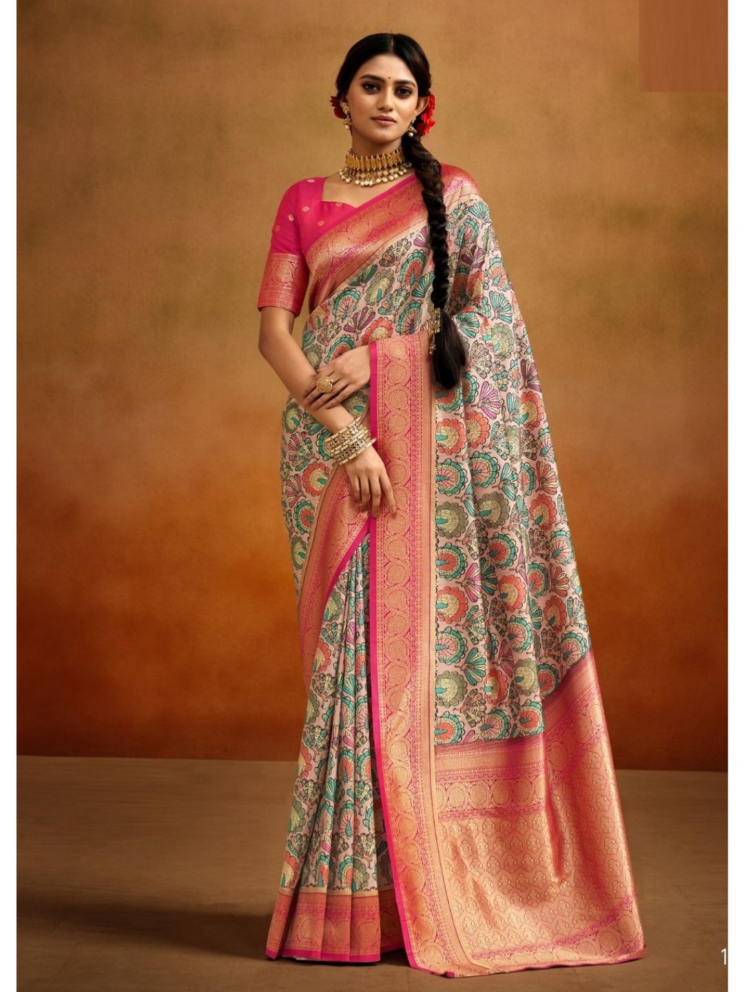 Digital Print Kalamkari Banarasi Silk Fastive Saree In Grey