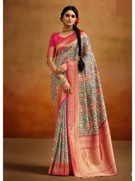 Digital Print Kalamkari Banarasi Silk Fastive Saree In Grey