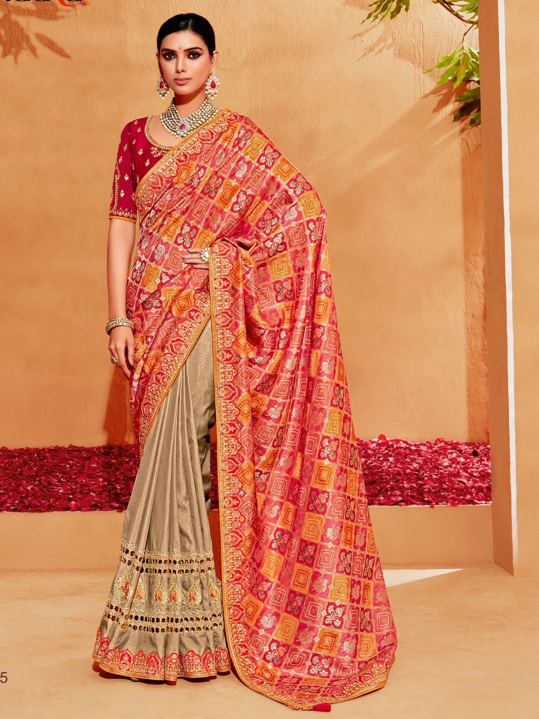 Embroidered Silk Designer Traditional Saree In Pink and Brown