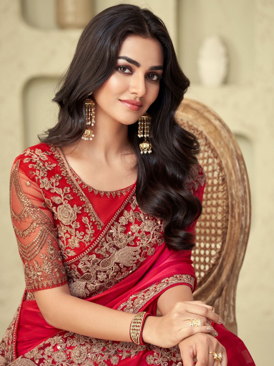 Embroidered Shimmer Silk Wedding Saree In Red