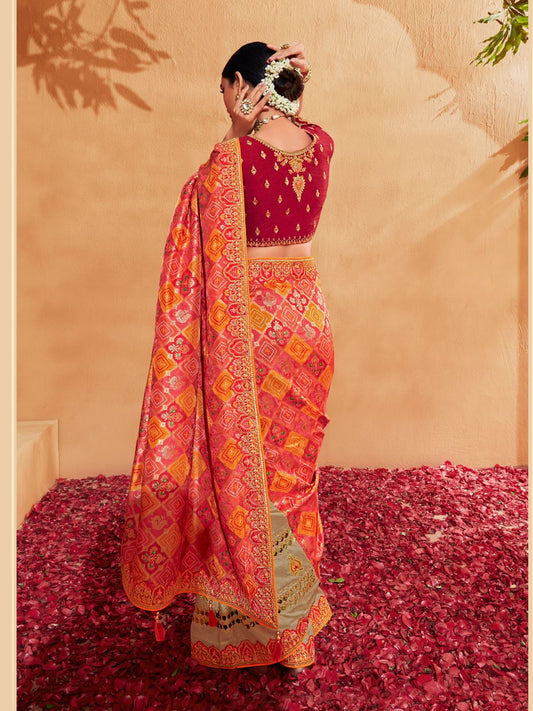 Embroidered Silk Designer Traditional Saree In Pink and Brown